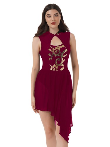 Womens Lyrical Ballet Salsa Dance Dress Sheer Patchwork Performance Dancewear - Picture 30 of 35