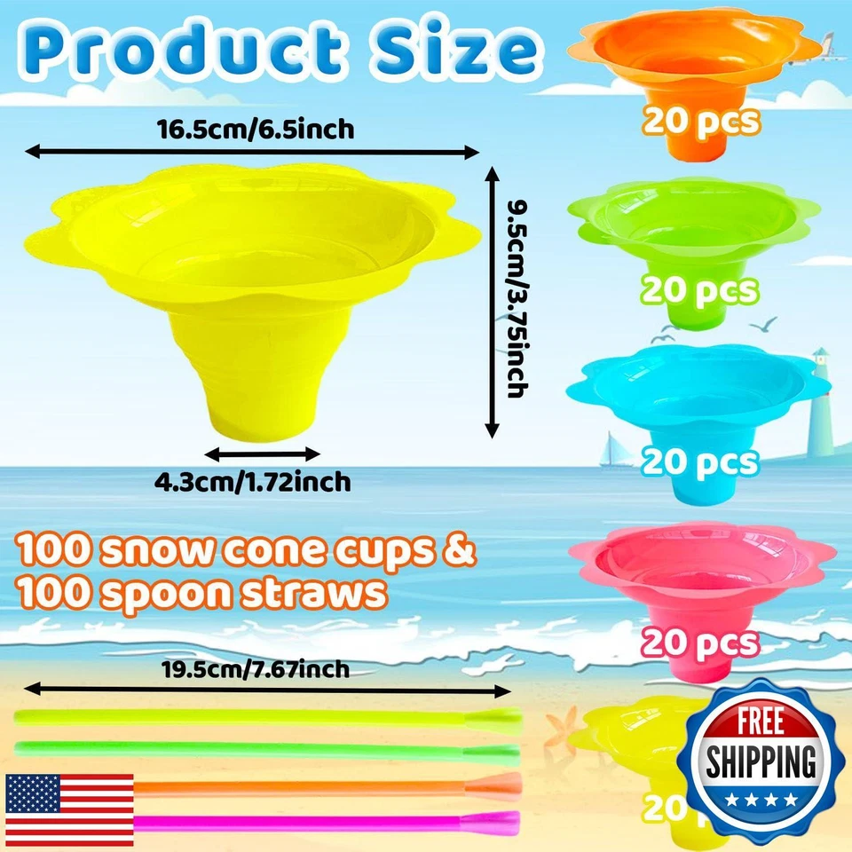 Haawooky 200 piezas 8 oz coloridas tazas de cono de nieve en forma de flor con pajitas de cuchara, P Foto 2 de 4