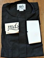 MDS Men's LS Black Neckband Clergy Shirt/White Cuffs, Cloth Collar and Buttons