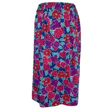 Vintage Floral Midi Skirt Size L Bright 80s Elastic Waist Pleated Front
