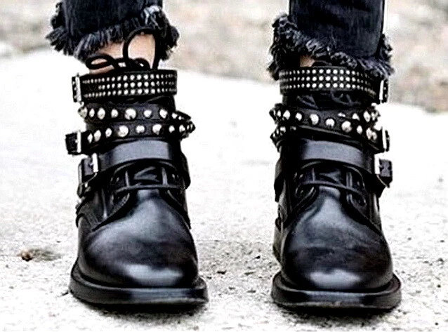 New Designer Unique Studded Multiple Straps Leather Boots ankle