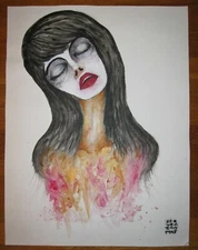 2009 Steven Thomas Van Overen ZOMBIE GIRL Outsider art painting on paper GOTH