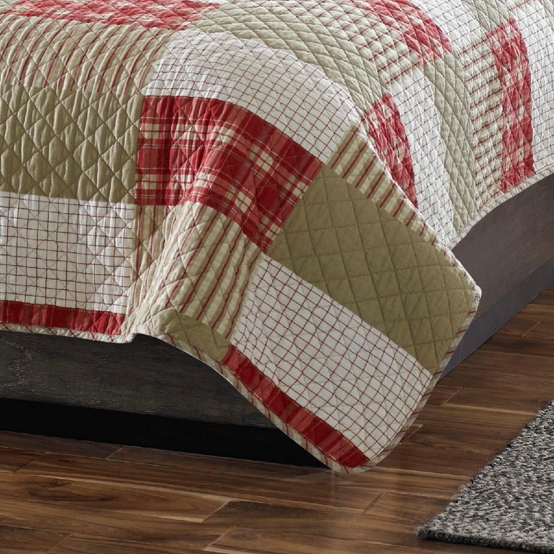 King Quilt Set Red Khaki Cotton Reversible Plaid Patchwork Pattern