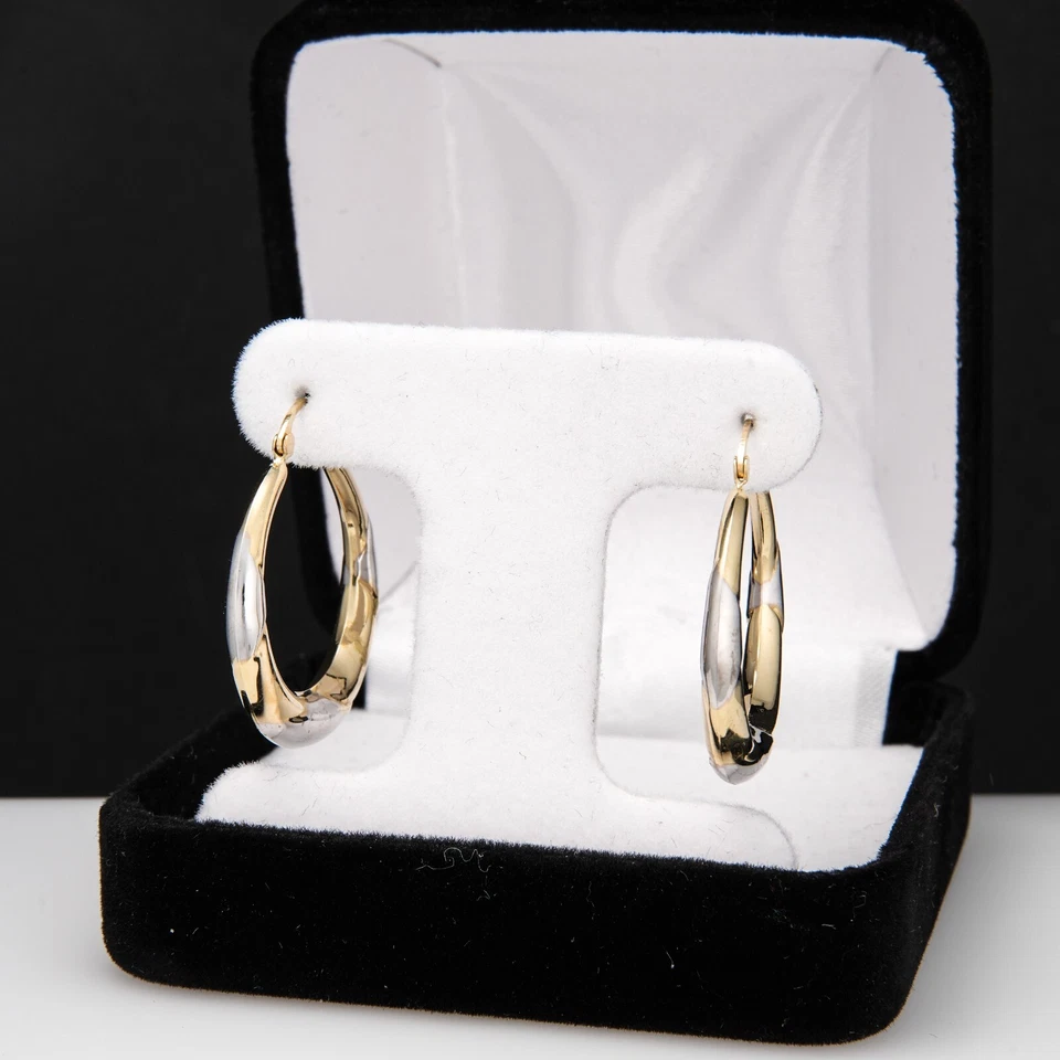 Pendientes de aro de oro 14K de dos tonos criollos torcidos oro amarillo y blanco finos bienes de 1" Foto 2 de 4