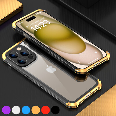 For iPhone 15 Pro Max 14 13 Metal Alloy Bumper Glass Back Rugged Shockproof Case