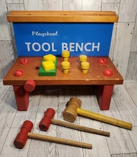Vintage 1960s Playskool Tool Bench With 3 Hammers