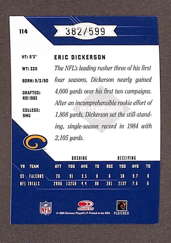 2005 Leaf Limited #114 Eric Dickerson /599 - Image 2 of 3