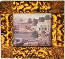 PRINT OF A FOLK ART STYLE FARM SCENE IN A BEAUTIFULLY HAND GRAIN-PAINTED FRAME