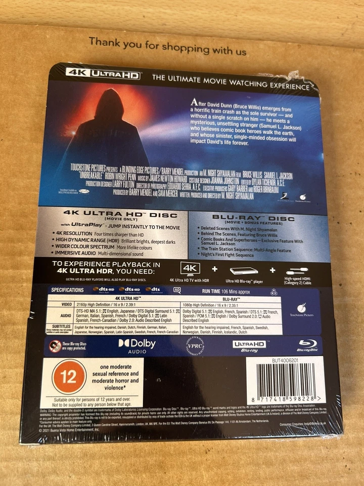 UNBREAKABLE - Rare UK 4K UHD BLU RAY STEELBOOK - NEW & SEALED Bruce Willis - Image 2 of 4