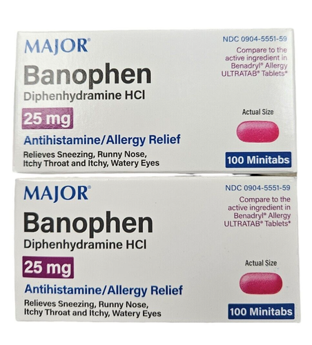 Diphenhydramine 25mg TABLETS 100ct BANOPHEN Minitabs ( 2 bottles ...