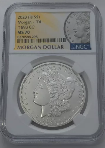 1893 CC Morgan Silver Dollar NGC MS70 First Day Morgan Label 2023 Fiji Mint .999