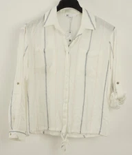 NWT DR2 Womens S Roll Tab Sleeve Tie Front White Stripe Viscose Button Up Blouse
