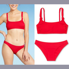 NWT Xhilaration Medium Ribbed Knotted Top Cheeky Bikini Bottom Red T725