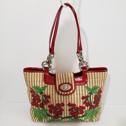 Isabella Fiore Straw Woven Beige w/Red Patent Leather Flower Beaded Tote Handbag