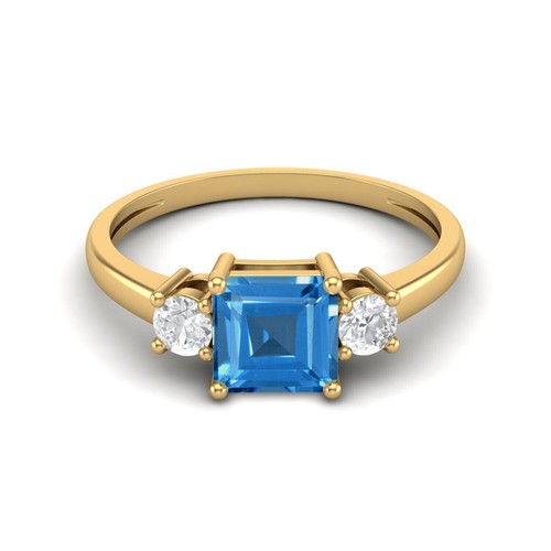 Bague Elizabeth Jewelry En Or 14 Carats Avec Topaze Bleue Suisse Taille Trillion Et Diamant — Taille 7, Pièce Unique Made In USA