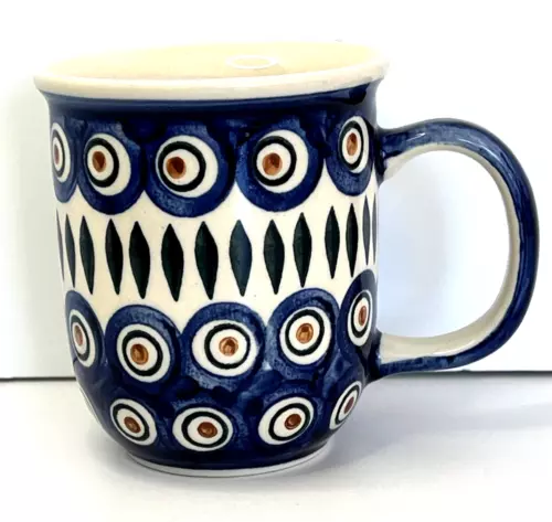 Polish Pottery Boleslawiec Wiza Peacock Eye Mug Cobalt Blue Circles Dots 15 oz