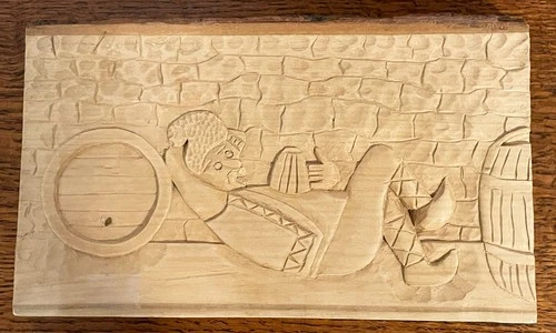 Vintage Primitive Wood Carving Folk Art Signed - Man with Beer Barrel 12