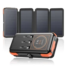 SOARAISE WIRELESS SOLAR POWER BANK, 25000MAH, 3 CABLES, 2 OUTPUTS - ORANGE