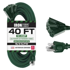 40 Foot Outdoor Extension Cord with 3 Electrical Power Outlets - 16/3 SJTW