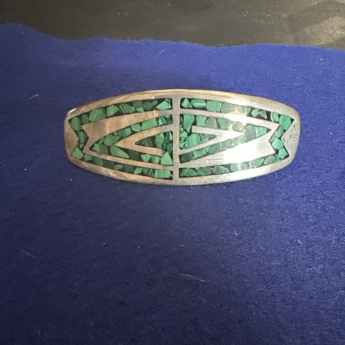 Native American 925 Sterling Silver Green Inlay Oval Women’s Hair Barrette