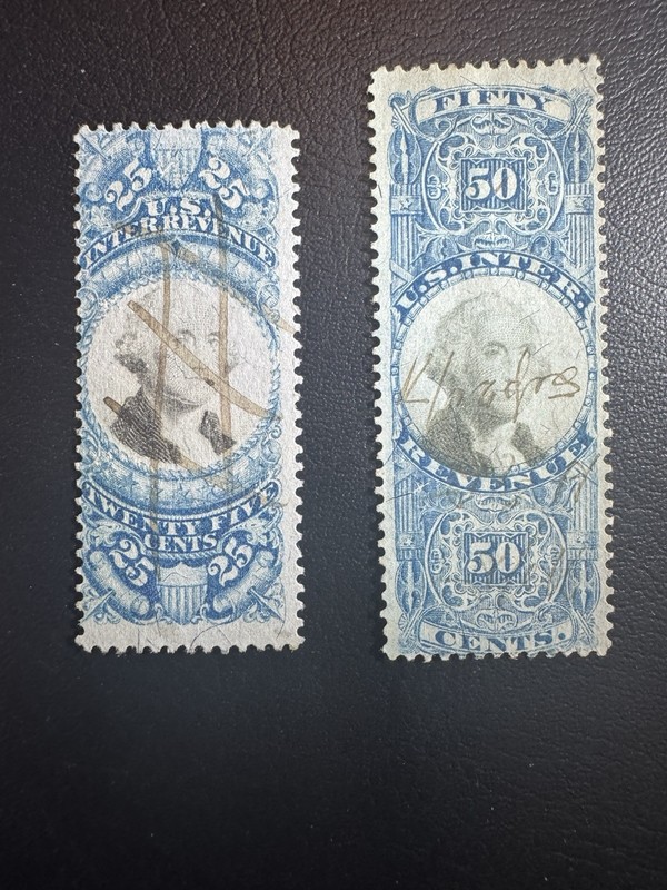 US Scott #R112 (25c) & #R115 (50c) Revenue Stamps- Used, Hinge Marks