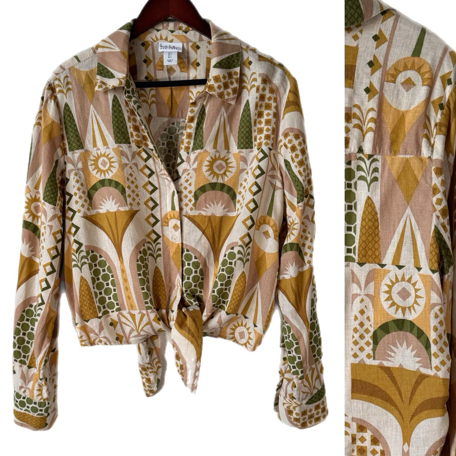 Nicole Miller Linen Blend Tie Front Vacation Blouse Size L  