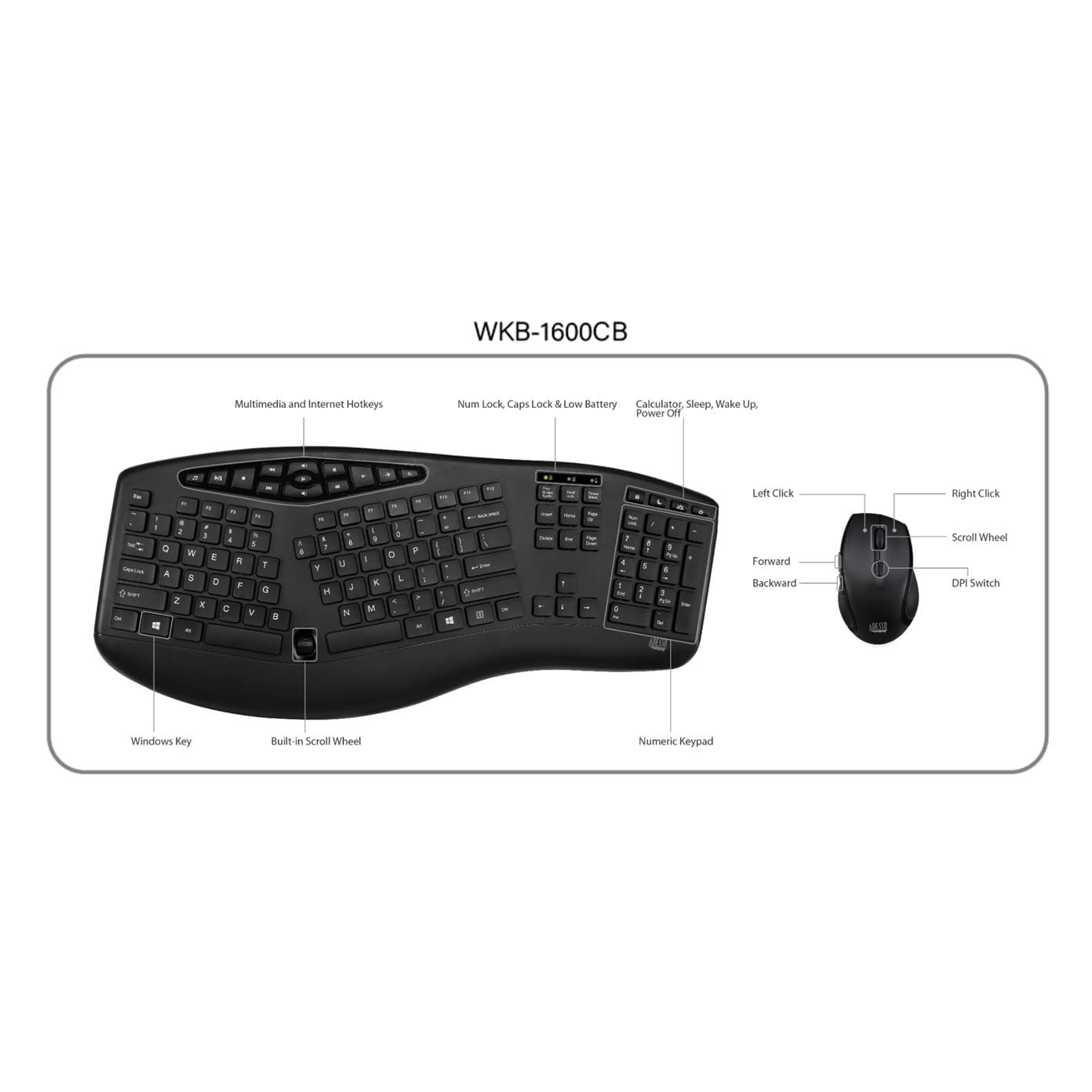 Adesso WKB-1600CB TruForm Media Wireless Ergonomic Keyboard & Optical Mouse C...