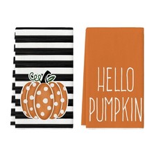 2 Pack Orange Pumpkin Stripes Fall Kitchen Towels