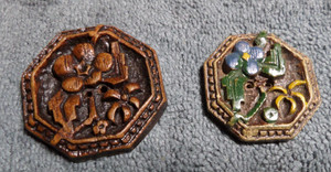2 Vintage Burwood Carved Wood Picture Buttons Octagon SHAPE 1-1/2" & 1-1/4"