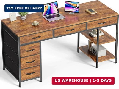 Huuger Computer Desk with 6 Drawers, Office Desk with Shelves, Reversible Gaming