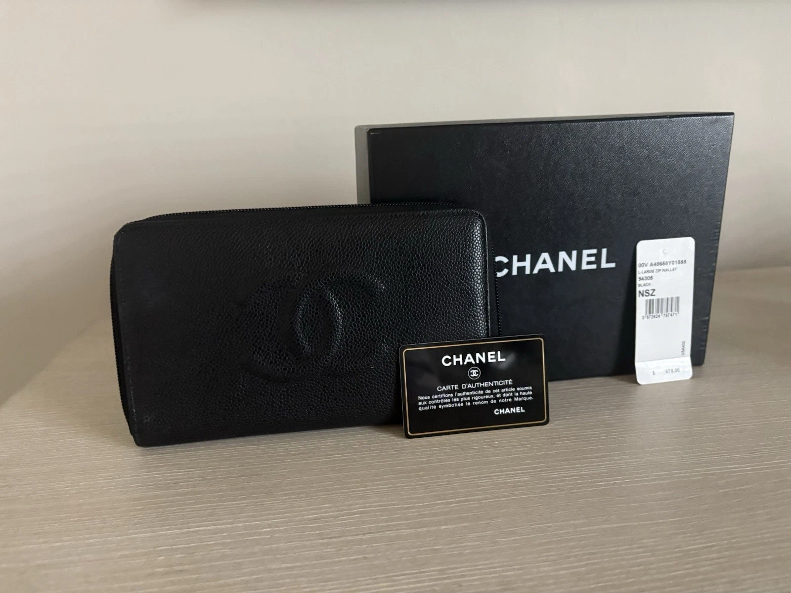 Chanel — Authentic Chanel Timeless Black  Caviar Leather zip Around Long Wallet