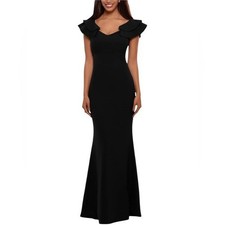 Betsy  Adam Bobbi Ruffled V Neck Gown Maxi Dress Black Formal Crepe Size 4
