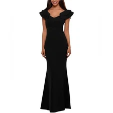 Betsy & Adam Bobbi Ruffled V Neck Gown Maxi Dress Black Formal Crepe Size 4