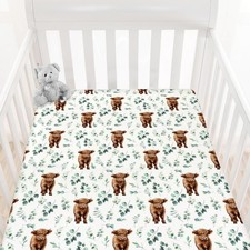 Highland Cow Eucalyptus Leaf Fitted Standard Crib Sheet for Baby Boy Girl, Ne...