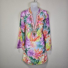 Boston Proper Tunic Dress XS Beaded Floral Boho Tropical Resortwear Coverup Mini