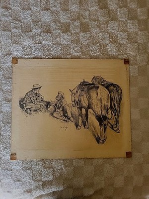 Vintage Original Print Jim Daly Western Sketch Art  Cowboys Horses Prairie Talk