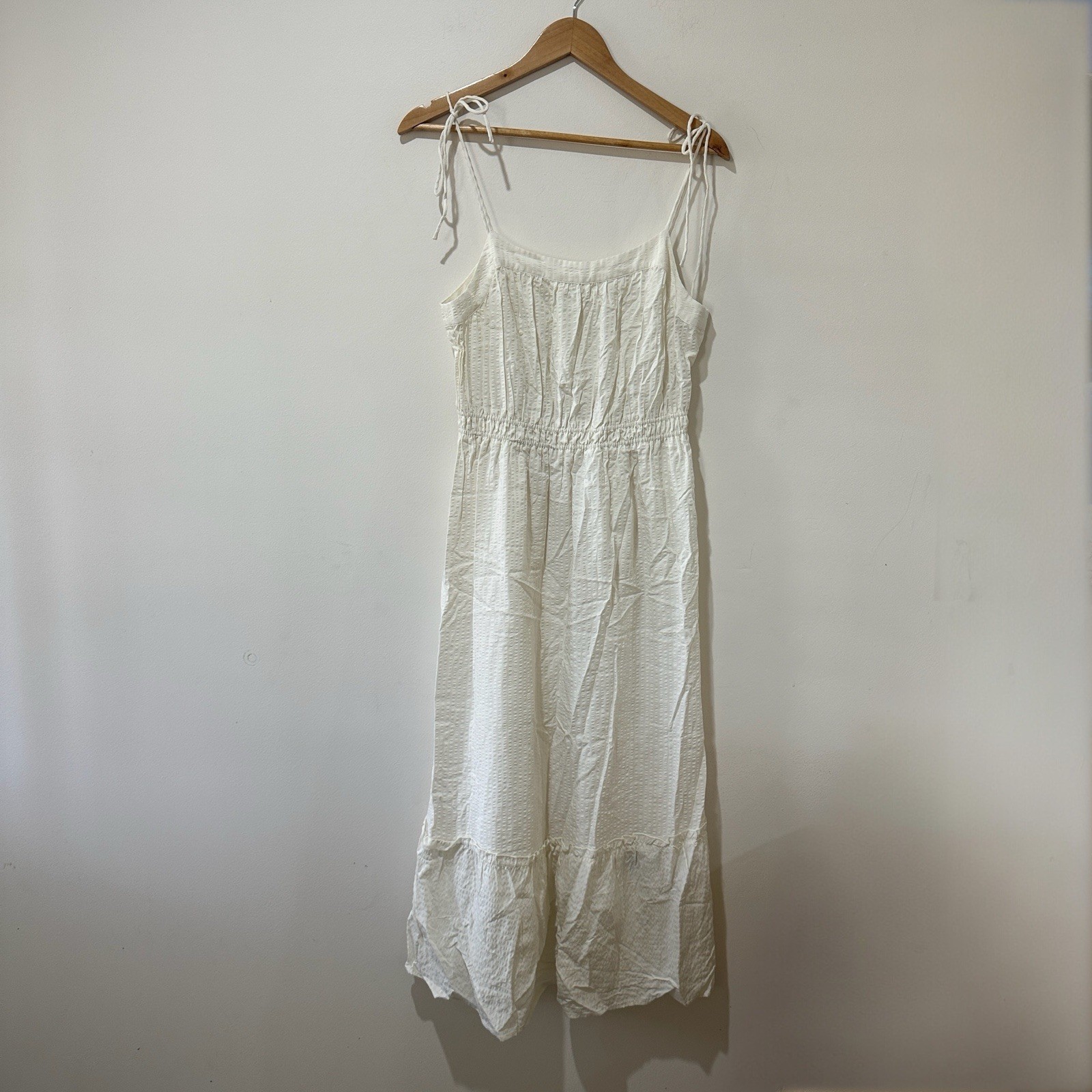 H&M Tie Strap Midi Dress Size Small White Textured Woven Ruffle Hem Viscose Boho thumbnail 2