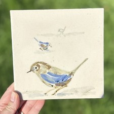 Vintage H&R Johnson 15cm Ceramic Tile - Hand Painted Blue Fairy Wren Bird Art 6"