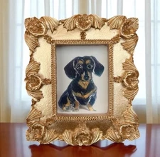 Dachshund puppy dog mini watercolor print in gold vintage style ornate frame