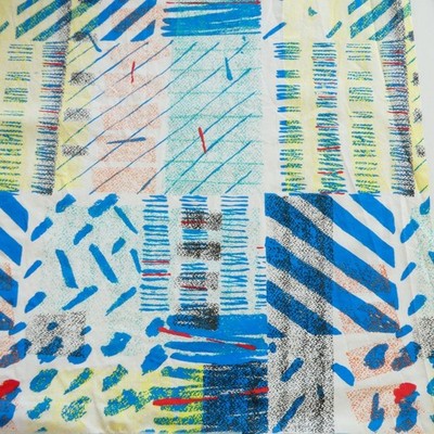 Vintage 1980s Graffiti Abstract Patchwork Fabric 48x100 inch Blue White Yellow