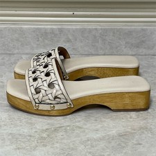 Tory Burch Clog Sandals Womens 7 Ivory Basketweave Platform Wooden Open Shoes