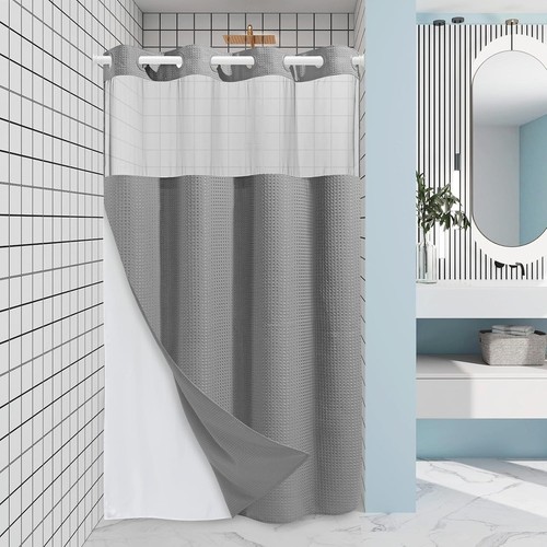 Elegant Grey 230GSM Waffle Weave Shower Curtain with Snap-In Liner, 60x74 - Picture 3 of 9