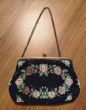 ANTIQUE 1920'S FLAPPER BEADED PURSE FILIGREE FRAME FLORAL SATIN INTERIOR