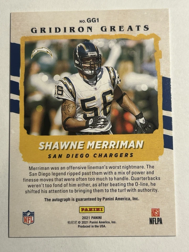 2021 Panini Donruss - Gridiron Greats Shawne Merriman #GG1 (AU) - Image 2 of 2