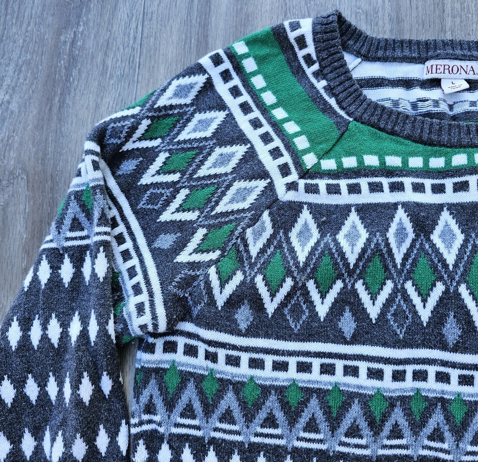 Suéter Merona Mujer Talla Grande Patrón Geométrico Verde Blanco Gris Foto 2 de 4