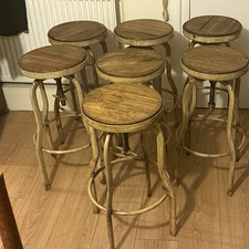 Adjustable Metal Bar Stool with Round Medium Wood Seat, Brown/Beige Solid