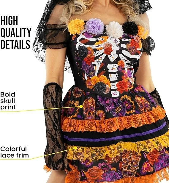 Women`s Day of The Dead Costume Senora Dia De Los Muertos Halloween Dress S-3XL - Image 4 of 4
