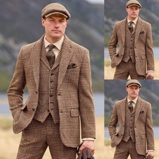 Vintage Houndstooth 3Pcs Men's Suits Prom Party Jacket Business Casual Blazer