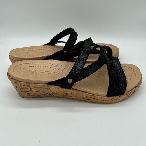 Crocs A-Leigh Black Leather Wedge Slide Sandals Women's 9