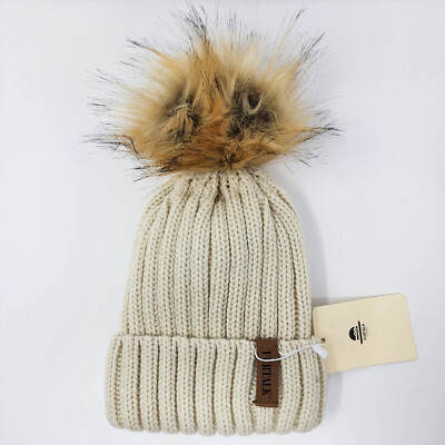 Beige Knit Beanie with removable Fur Pom Pom FURTALK Womens Winter Knitted Beanie Hat with Faux Fur Pom  main image 4